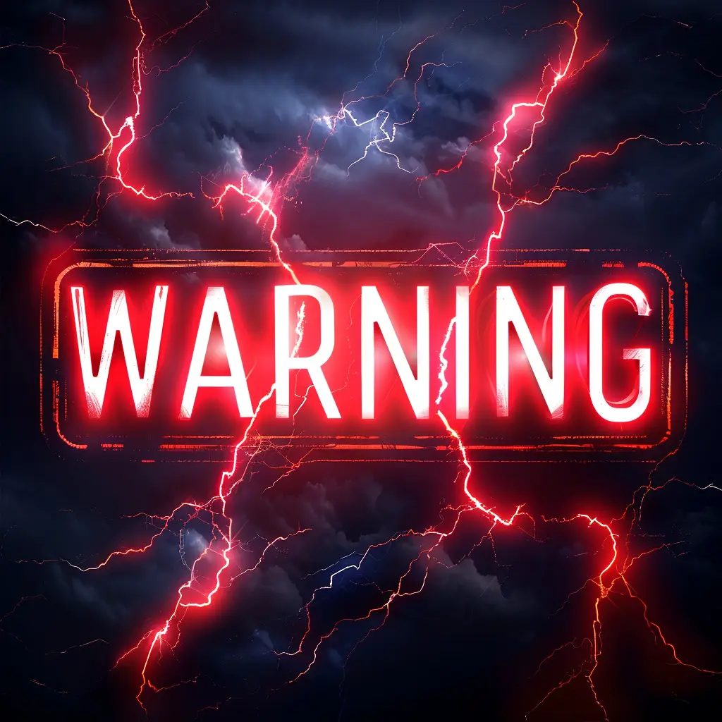 A neon red warning sign with electric lightning bolts on a dark stormy background.