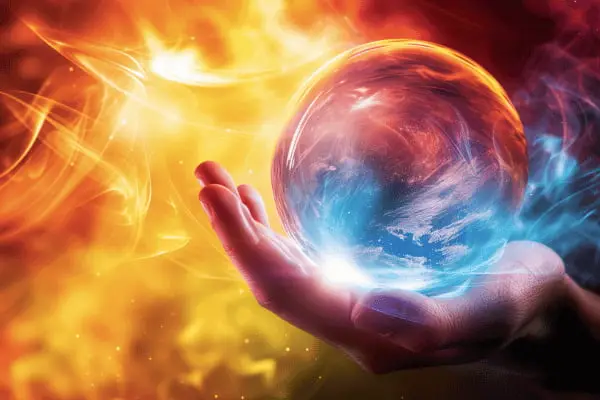 A hand holds a globe emanating with swirling energies of technology and innovation.