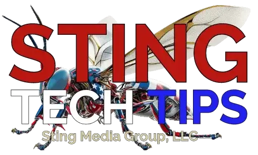 Sting Tech Tips logo featuring a cybernetic bee and the text "STING TECH TIPS" in bold colors, with "Sting Media Group, LLC" below.